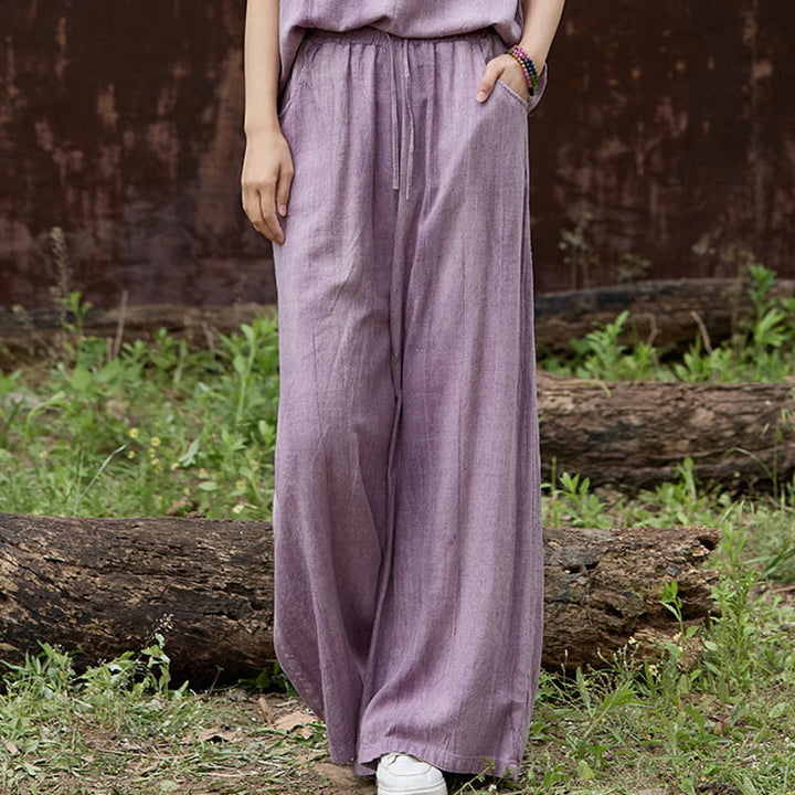 Buddha Stones Casual Tie-Dye Women's Linen Wide Leg Pants With Pockets - Plum - US4，UK/AU8，EU36 (F) - image 0