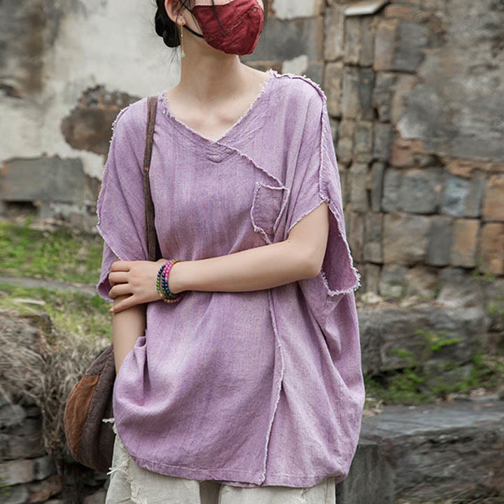 Buddha Stones Summer Tie-dye Linen V-Neck Short Sleeve Women's T-shirts - Plum - US4-14，UK/AU8-18，EU36-46 (F) - image 0
