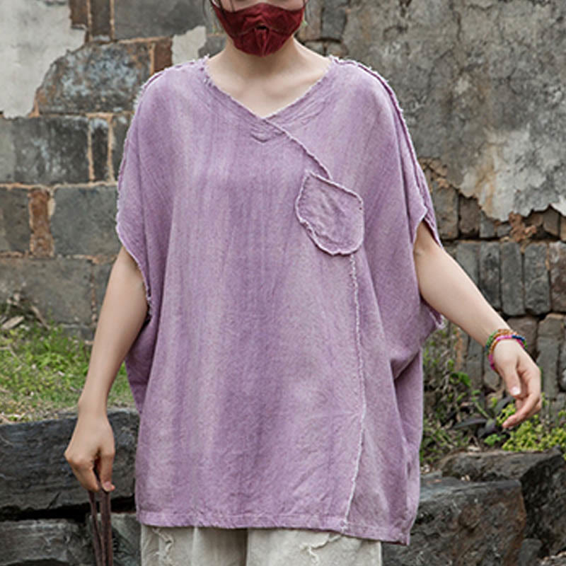 Buddha Stones Summer Tie-dye Linen V-Neck Short Sleeve Women's T-shirts - image 5