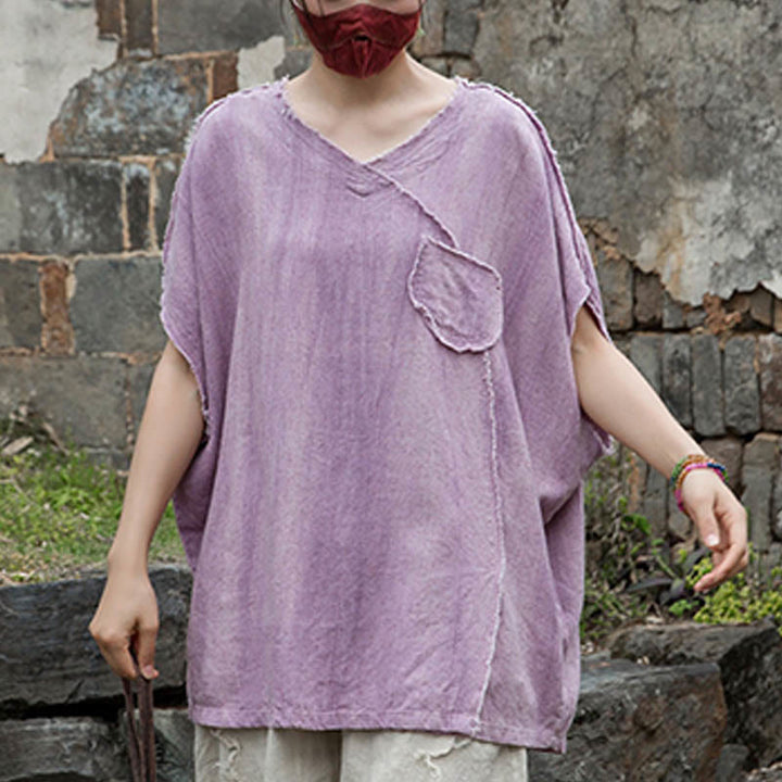 Buddha Stones Summer Tie-dye Linen V-Neck Short Sleeve Women's T-shirts - image 5