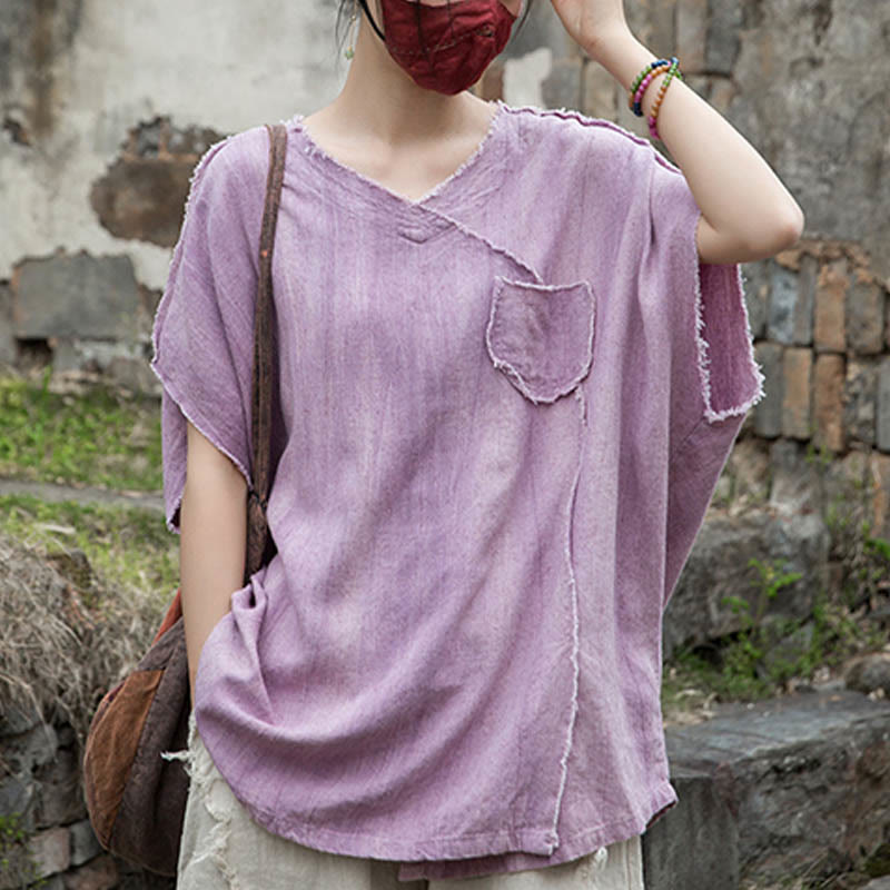 Buddha Stones Summer Tie-dye Linen V-Neck Short Sleeve Women's T-shirts - image 1