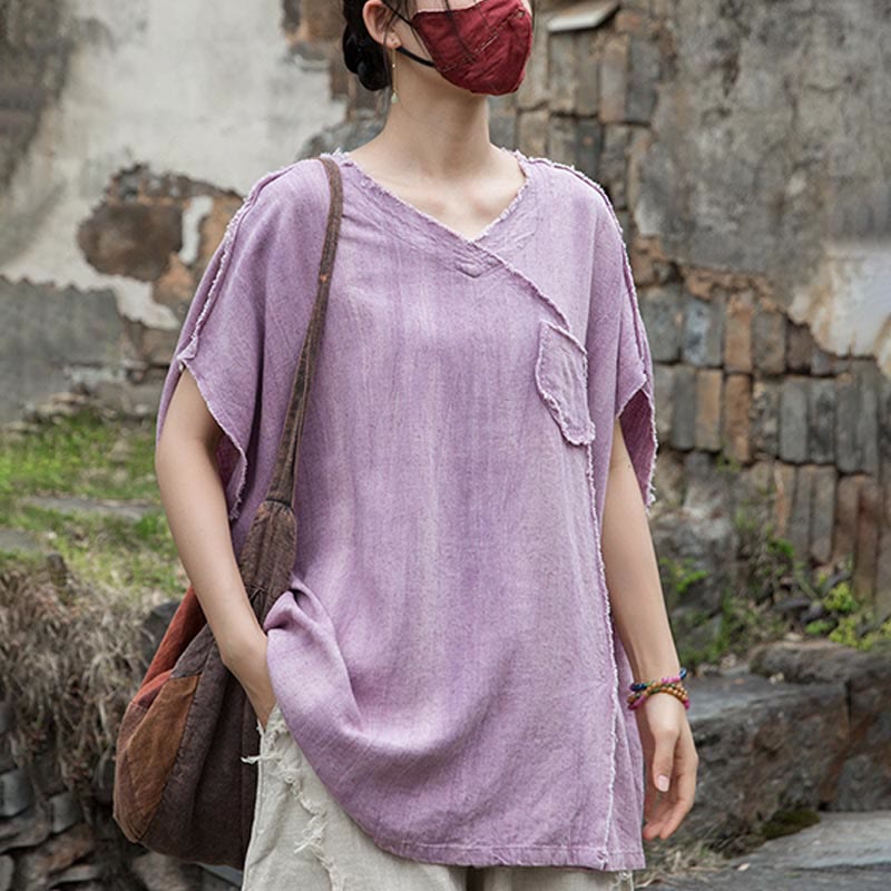 Buddha Stones Summer Tie-dye Linen V-Neck Short Sleeve Women's T-shirts - image 6