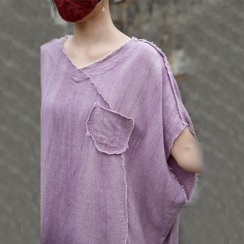 Buddha Stones Summer Tie-dye Linen V-Neck Short Sleeve Women's T-shirts - image 9