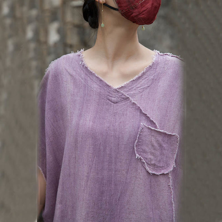 Buddha Stones Summer Tie-dye Linen V-Neck Short Sleeve Women's T-shirts - image 8