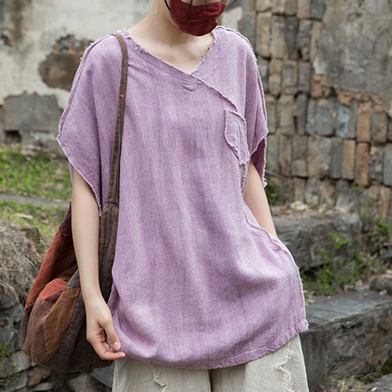 Buddha Stones Summer Tie-dye Linen V-Neck Short Sleeve Women's T-shirts - image 3