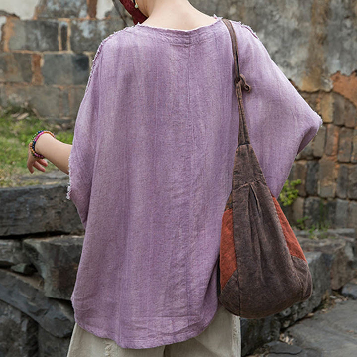 Buddha Stones Summer Tie-dye Linen V-Neck Short Sleeve Women's T-shirts - image 4
