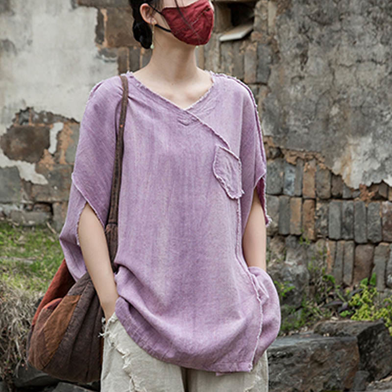 Buddha Stones Summer Tie-dye Linen V-Neck Short Sleeve Women's T-shirts - image 7