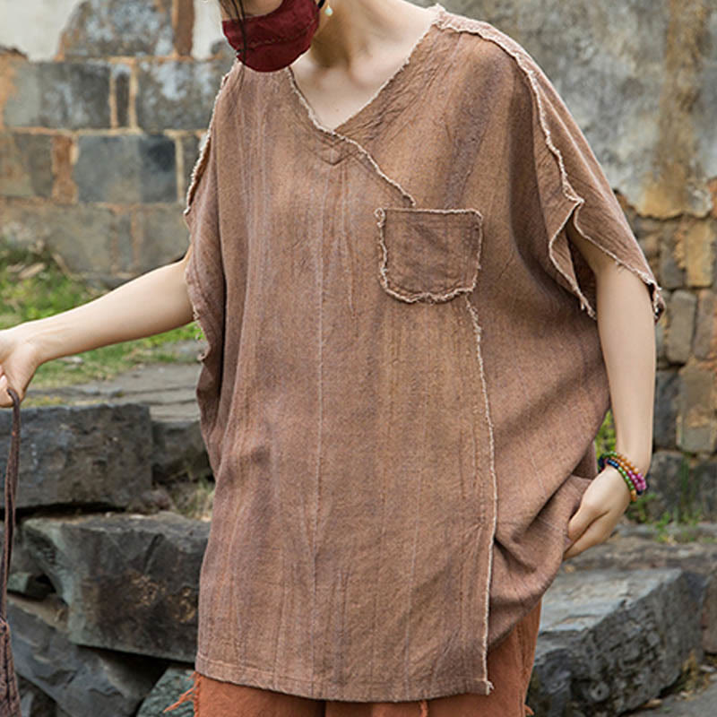 Buddha Stones Summer Tie-dye Linen V-Neck Short Sleeve Women's T-shirts - image 13