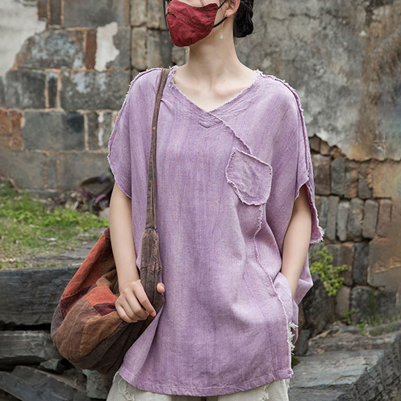 Buddha Stones Summer Tie-dye Linen V-Neck Short Sleeve Women's T-shirts - image 2