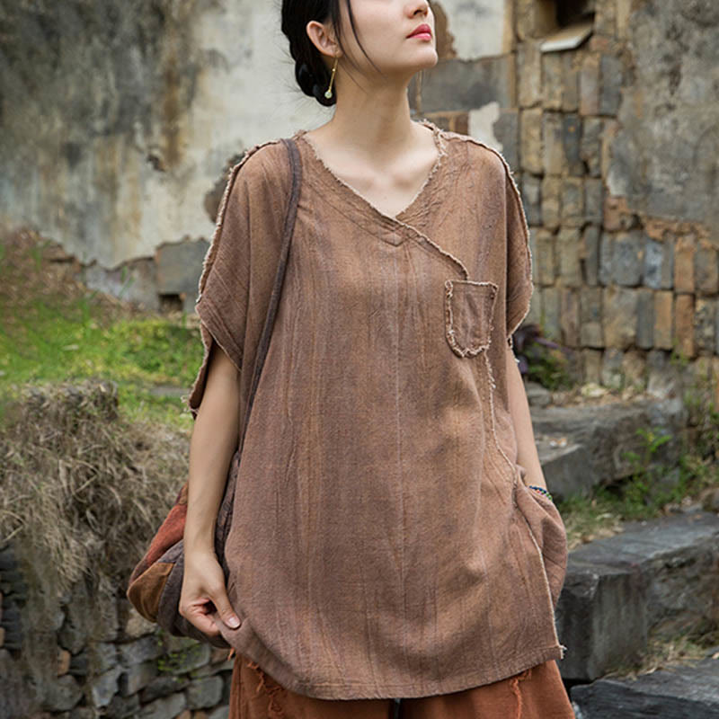 Buddha Stones Summer Tie-dye Linen V-Neck Short Sleeve Women's T-shirts - image 16