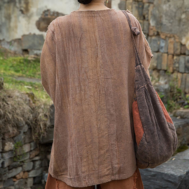 Buddha Stones Summer Tie-dye Linen V-Neck Short Sleeve Women's T-shirts - image 14