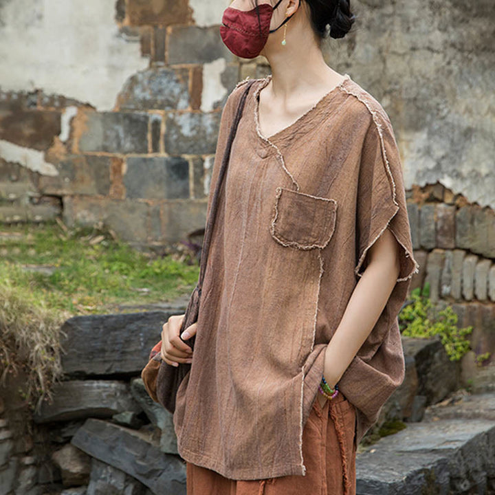Buddha Stones Summer Tie-dye Linen V-Neck Short Sleeve Women's T-shirts - image 17