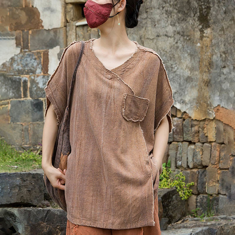 Buddha Stones Summer Tie-dye Linen V-Neck Short Sleeve Women's T-shirts - image 19
