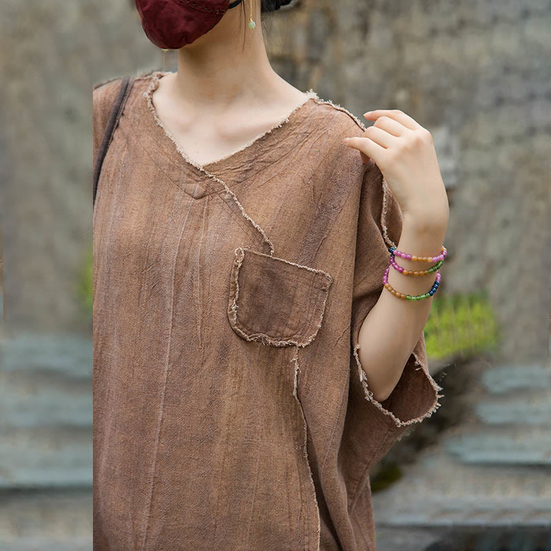 Buddha Stones Summer Tie-dye Linen V-Neck Short Sleeve Women's T-shirts - image 21