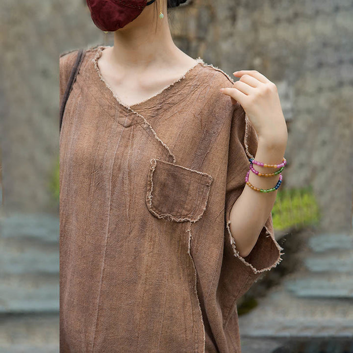 Buddha Stones Summer Tie-dye Linen V-Neck Short Sleeve Women's T-shirts - image 21