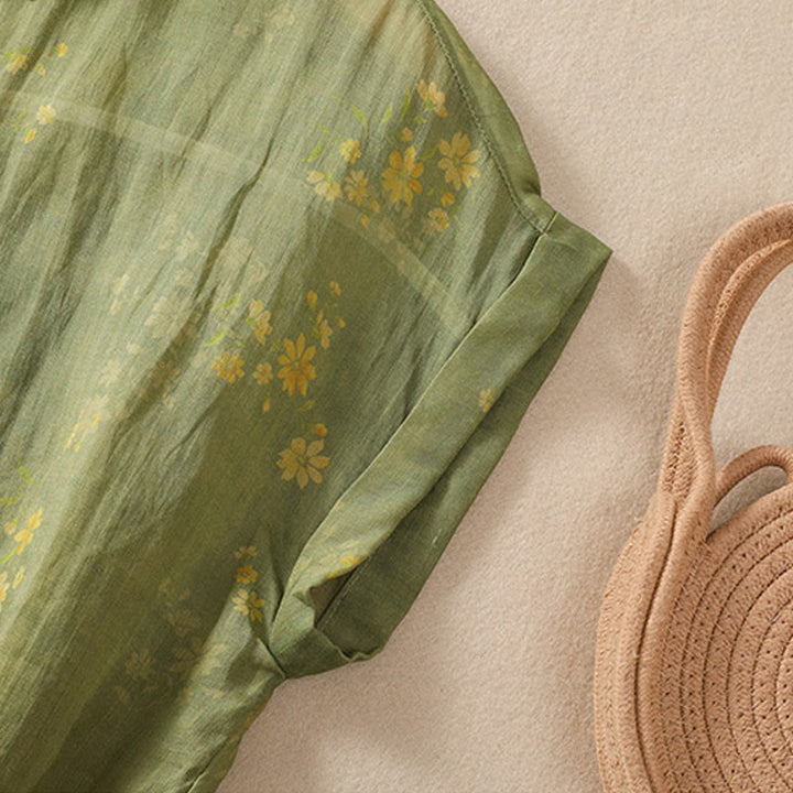 Buddha Stones Small Yellow Flower Leaves Buttons Short Sleeve Women's Shirt - image 5