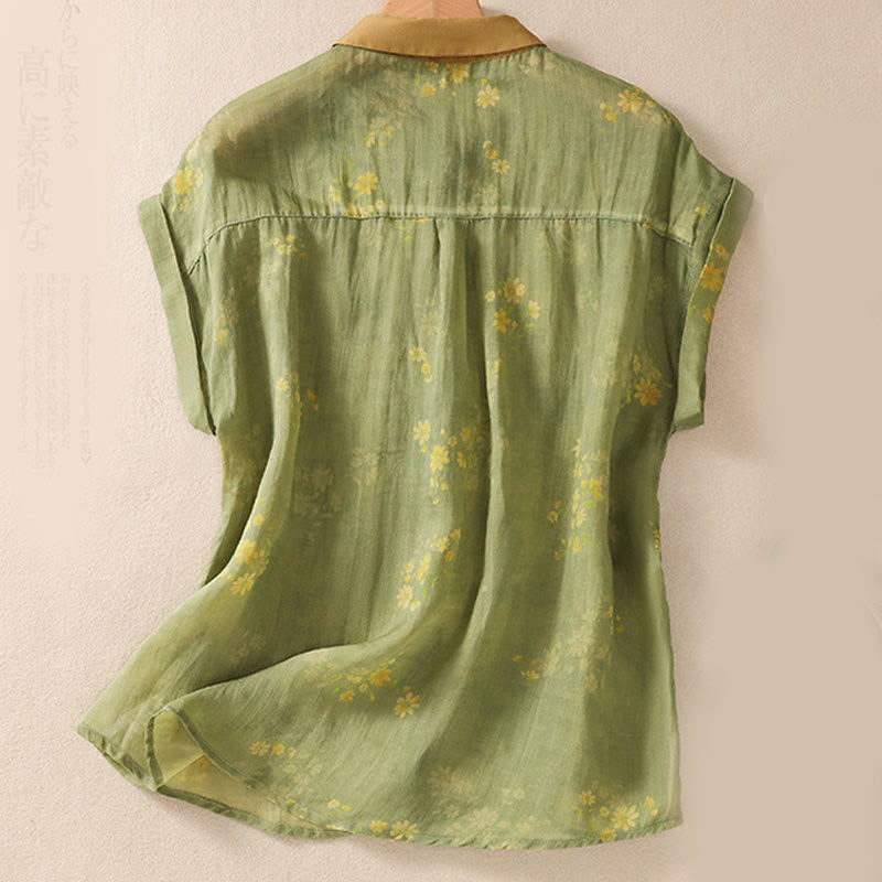 Buddha Stones Small Yellow Flower Leaves Buttons Short Sleeve Women's Shirt - image 2
