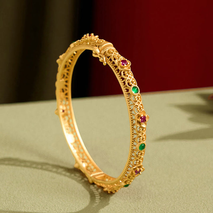 Buddha Stones Hollow Design Copper Plated Gold Flower Luck Bracelet Bangle - 62 mm - image 0
