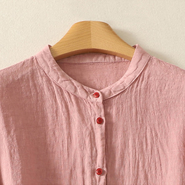 Buddha Stones Summer Plain Red Buttons Short Sleeve Women's Cotton Linen Shirt - image 6
