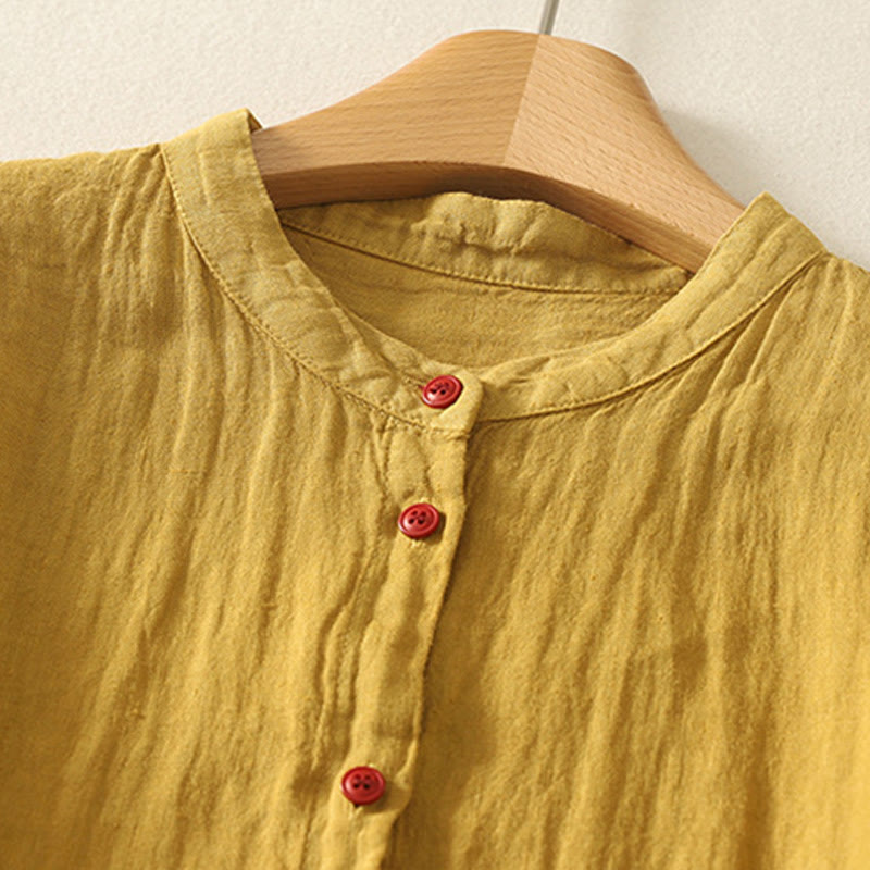 Buddha Stones Summer Plain Red Buttons Short Sleeve Women's Cotton Linen Shirt - image 16