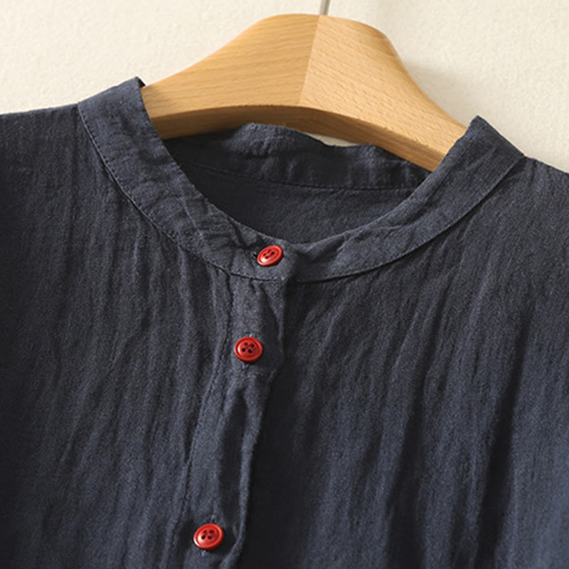 Buddha Stones Summer Plain Red Buttons Short Sleeve Women's Cotton Linen Shirt - image 1
