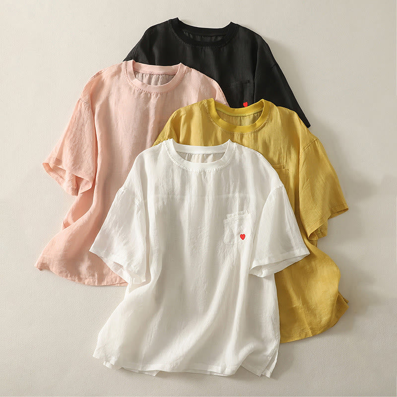 Buddha Stones Casual Embroidery Red Heart Short Sleeve Women's Cotton Linen T-Shirt - image 19