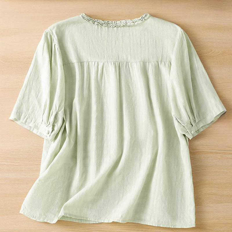 Buddha Stones Jacquard Pleated Ruffled Trim Design V-Neck Short Sleeve Women's Shirt - image 1