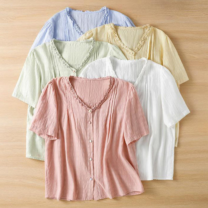 Buddha Stones Jacquard Pleated Ruffled Trim Design V-Neck Short Sleeve Women's Shirt - image 23