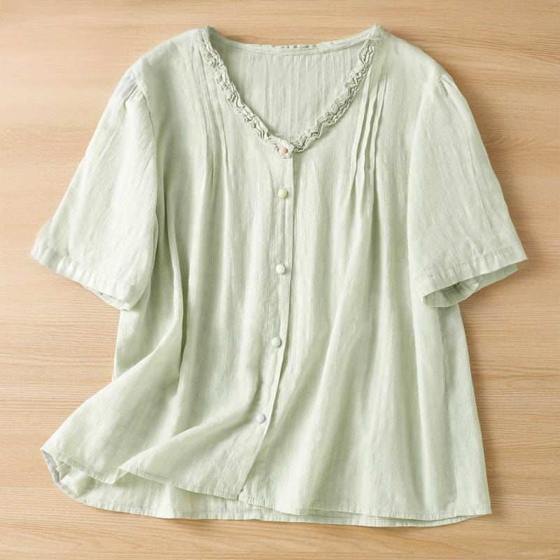 Buddha Stones Jacquard Pleated Ruffled Trim Design V-Neck Short Sleeve Women's Shirt - PaleGreen - US14，UK/AU18，EU46 (2XL) - image 0
