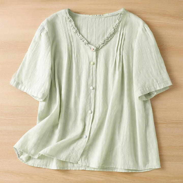 Buddha Stones Jacquard Pleated Ruffled Trim Design V-Neck Short Sleeve Women's Shirt - PaleGreen - US14，UK/AU18，EU46 (2XL) - image 0