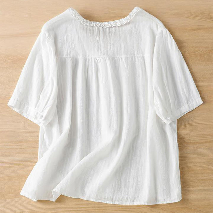 Buddha Stones Jacquard Pleated Ruffled Trim Design V-Neck Short Sleeve Women's Shirt - image 14