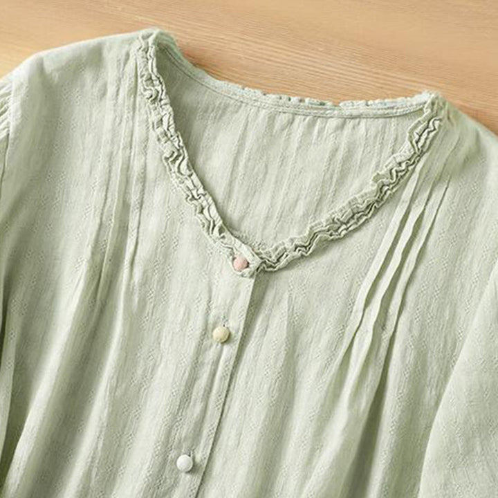 Buddha Stones Jacquard Pleated Ruffled Trim Design V-Neck Short Sleeve Women's Shirt - image 2