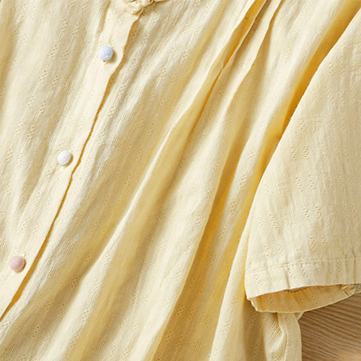 Buddha Stones Jacquard Pleated Ruffled Trim Design V-Neck Short Sleeve Women's Shirt - image 11