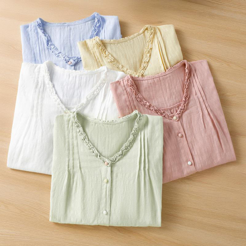 Buddha Stones Jacquard Pleated Ruffled Trim Design V-Neck Short Sleeve Women's Shirt - image 24