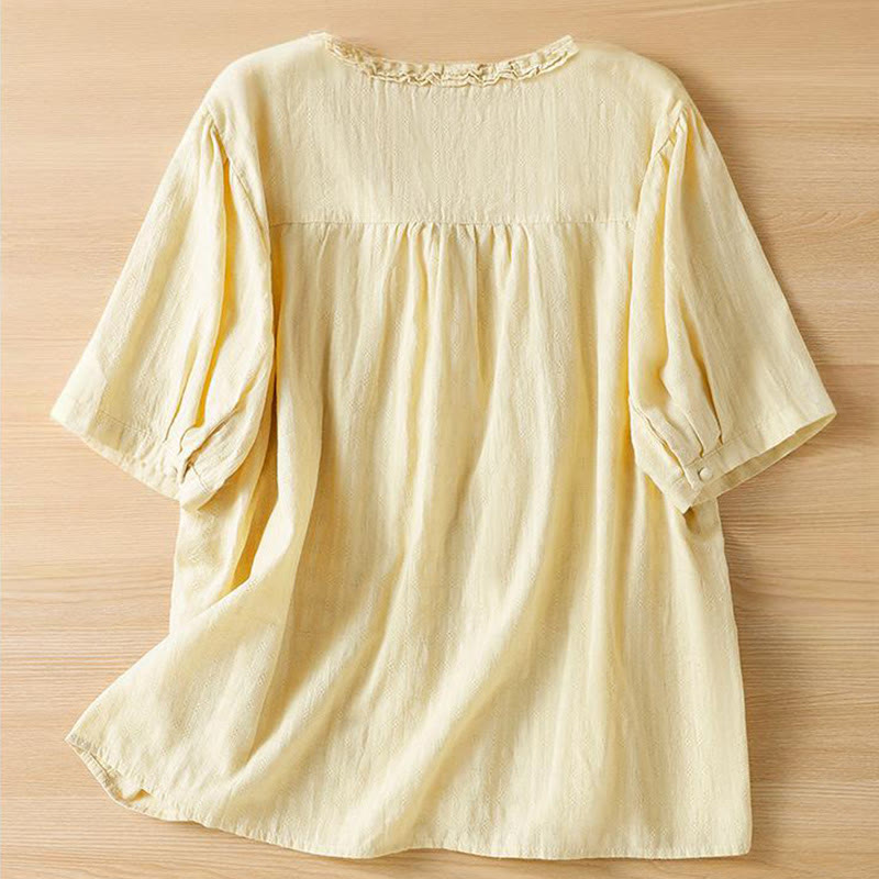 Buddha Stones Jacquard Pleated Ruffled Trim Design V-Neck Short Sleeve Women's Shirt - image 9