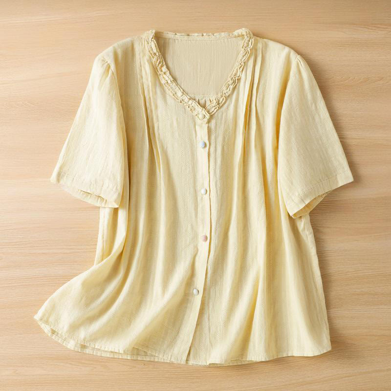 Buddha Stones Jacquard Pleated Ruffled Trim Design V-Neck Short Sleeve Women's Shirt - LightYellow - US14，UK/AU18，EU46 (2XL) - image 8