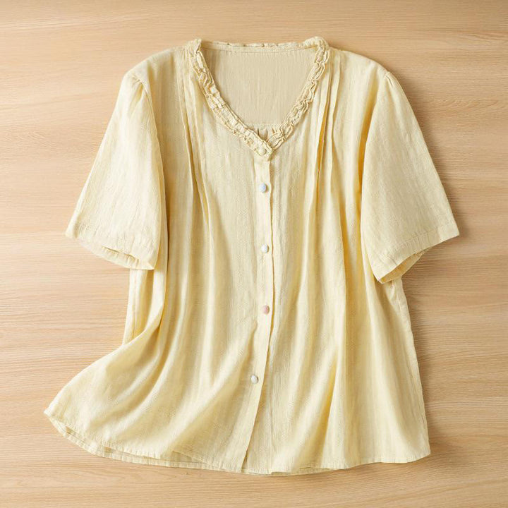Buddha Stones Jacquard Pleated Ruffled Trim Design V-Neck Short Sleeve Women's Shirt - LightYellow - US14，UK/AU18，EU46 (2XL) - image 8