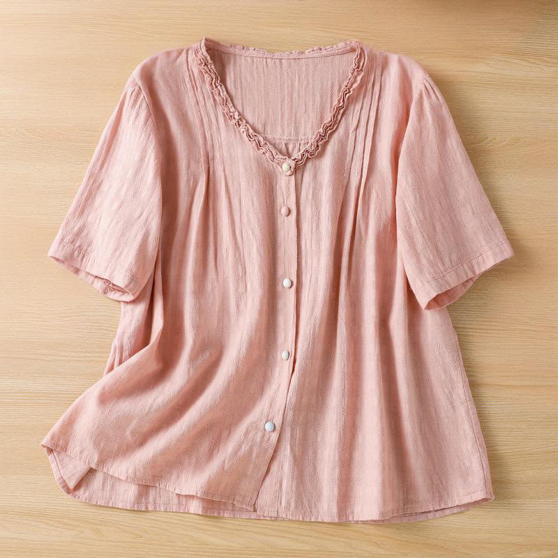 Buddha Stones Jacquard Pleated Ruffled Trim Design V-Neck Short Sleeve Women's Shirt - DarkSalmon - US14，UK/AU18，EU46 (2XL) - image 18