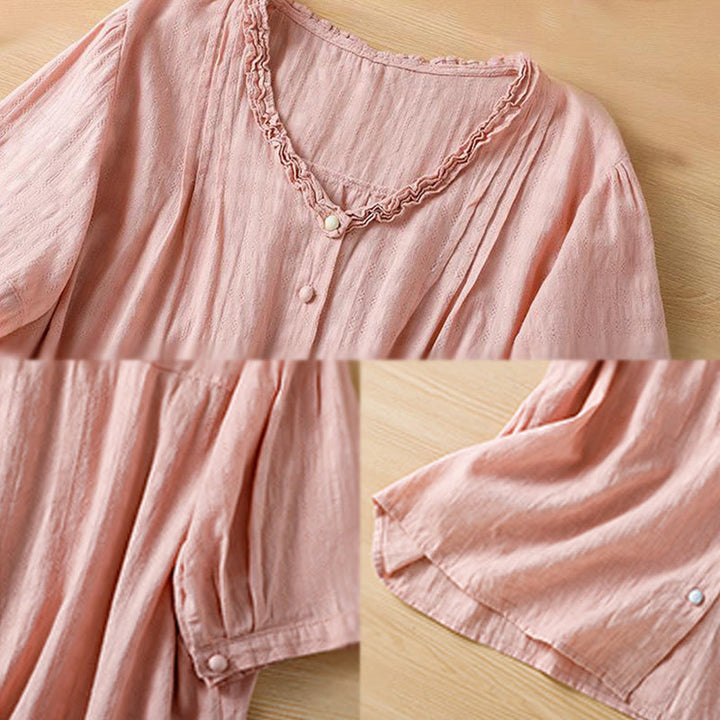 Buddha Stones Jacquard Pleated Ruffled Trim Design V-Neck Short Sleeve Women's Shirt - image 22