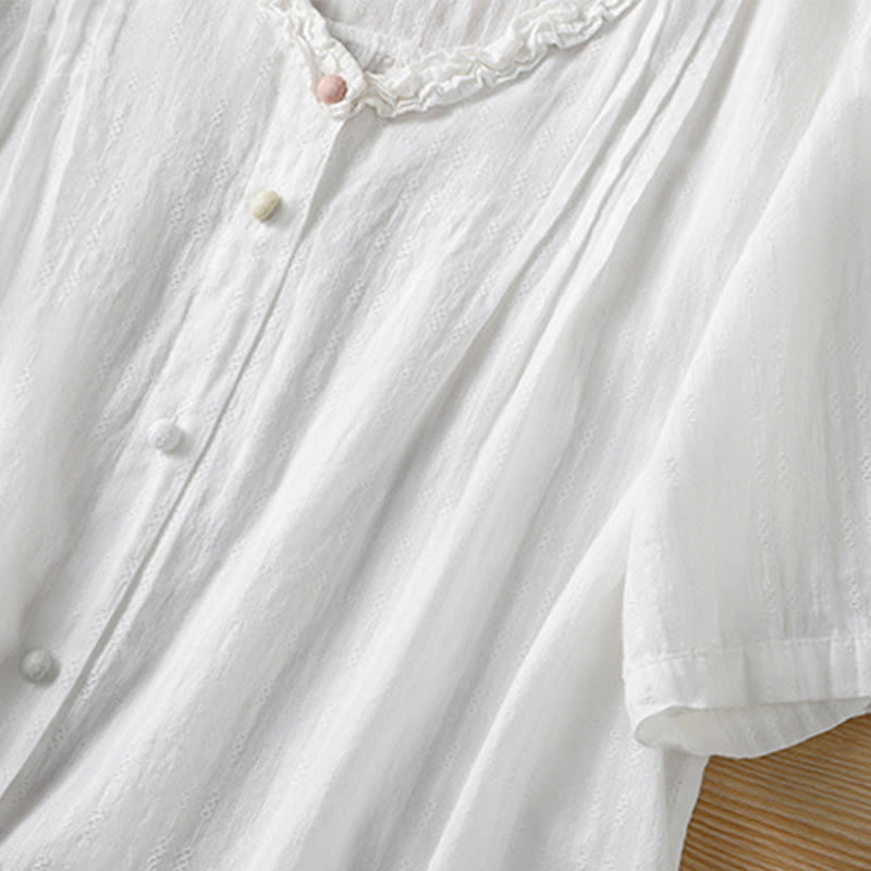Buddha Stones Jacquard Pleated Ruffled Trim Design V-Neck Short Sleeve Women's Shirt - image 16