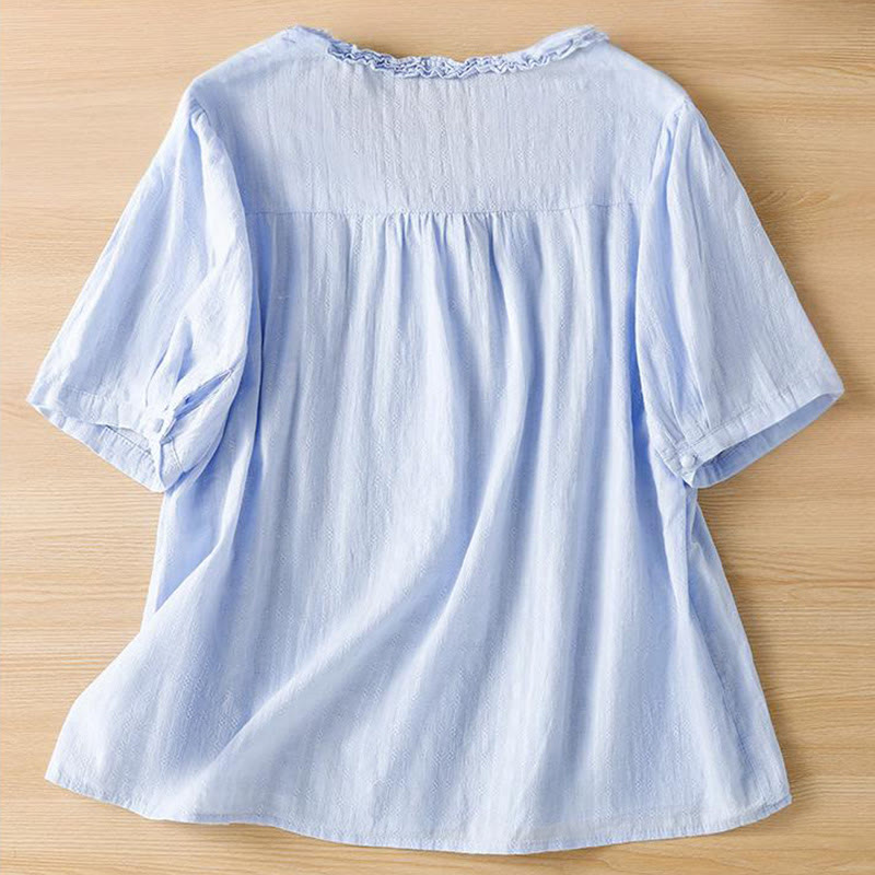 Buddha Stones Jacquard Pleated Ruffled Trim Design V-Neck Short Sleeve Women's Shirt - image 5