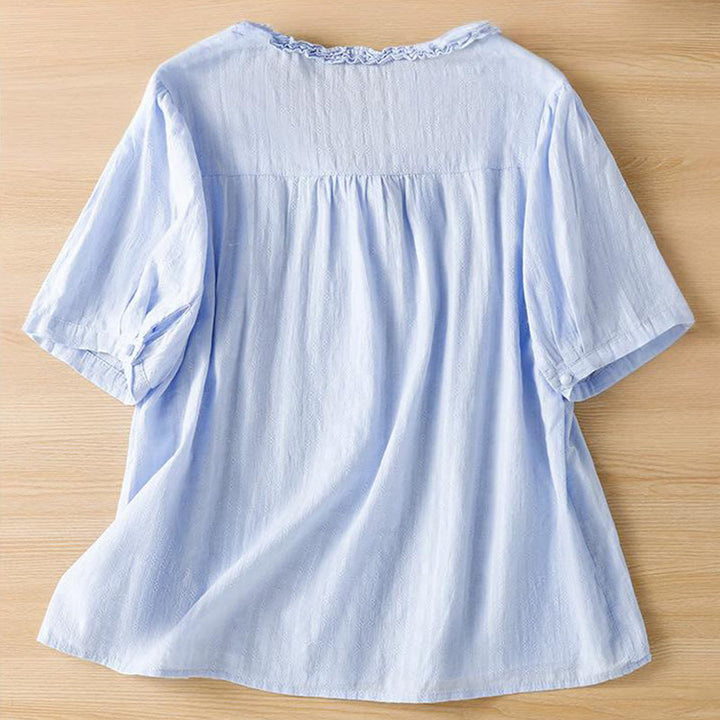 Buddha Stones Jacquard Pleated Ruffled Trim Design V-Neck Short Sleeve Women's Shirt - image 5