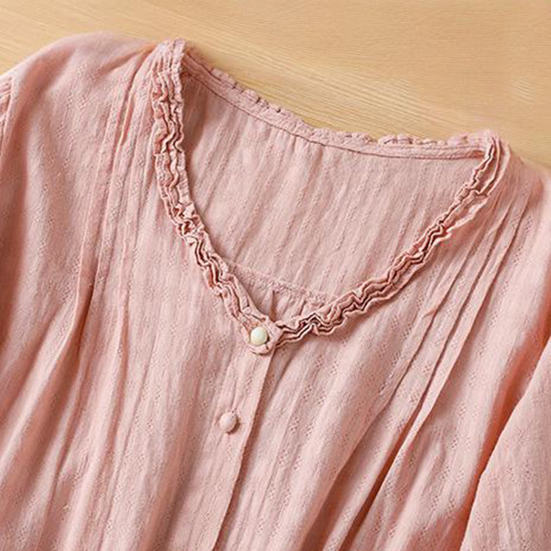 Buddha Stones Jacquard Pleated Ruffled Trim Design V-Neck Short Sleeve Women's Shirt - image 20