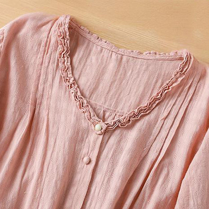 Buddha Stones Jacquard Pleated Ruffled Trim Design V-Neck Short Sleeve Women's Shirt - image 20