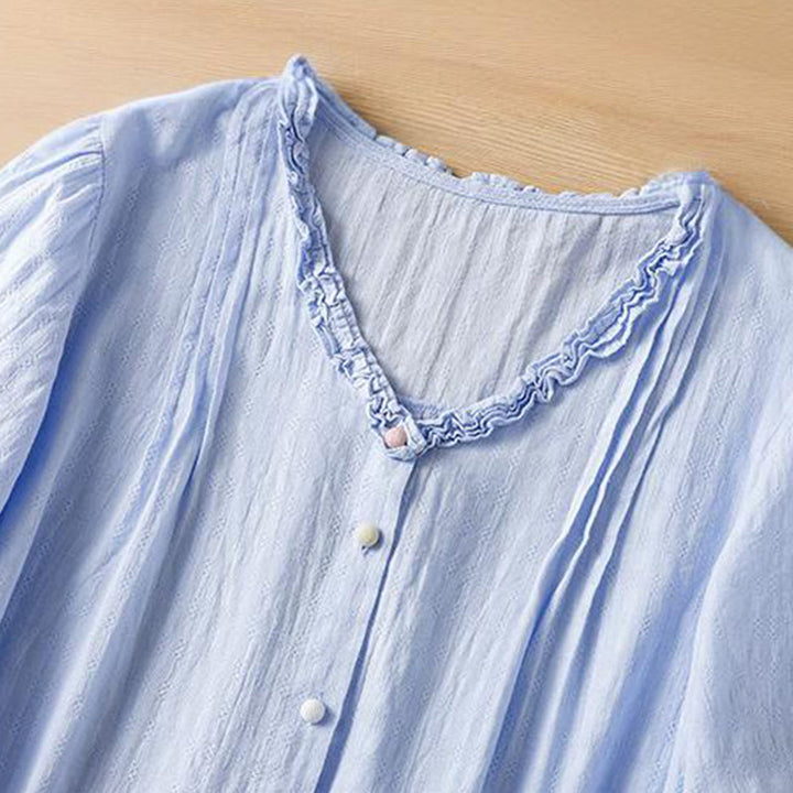 Buddha Stones Jacquard Pleated Ruffled Trim Design V-Neck Short Sleeve Women's Shirt - image 6