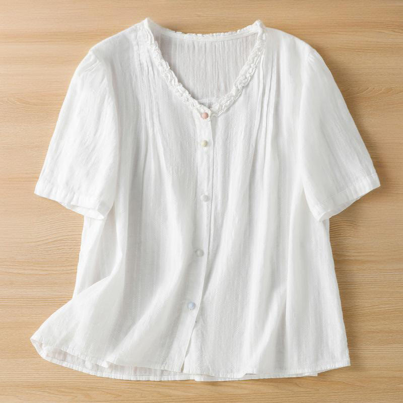Buddha Stones Jacquard Pleated Ruffled Trim Design V-Neck Short Sleeve Women's Shirt - White - US14，UK/AU18，EU46 (2XL) - image 13