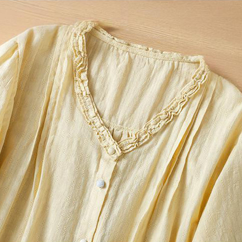 Buddha Stones Jacquard Pleated Ruffled Trim Design V-Neck Short Sleeve Women's Shirt - image 10