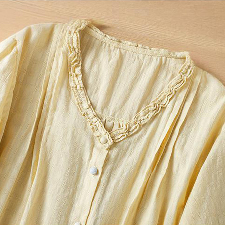 Buddha Stones Jacquard Pleated Ruffled Trim Design V-Neck Short Sleeve Women's Shirt - image 10
