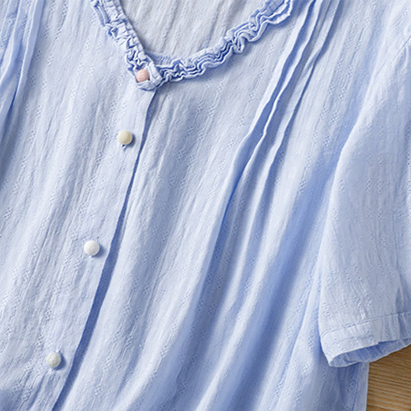 Buddha Stones Jacquard Pleated Ruffled Trim Design V-Neck Short Sleeve Women's Shirt - image 7