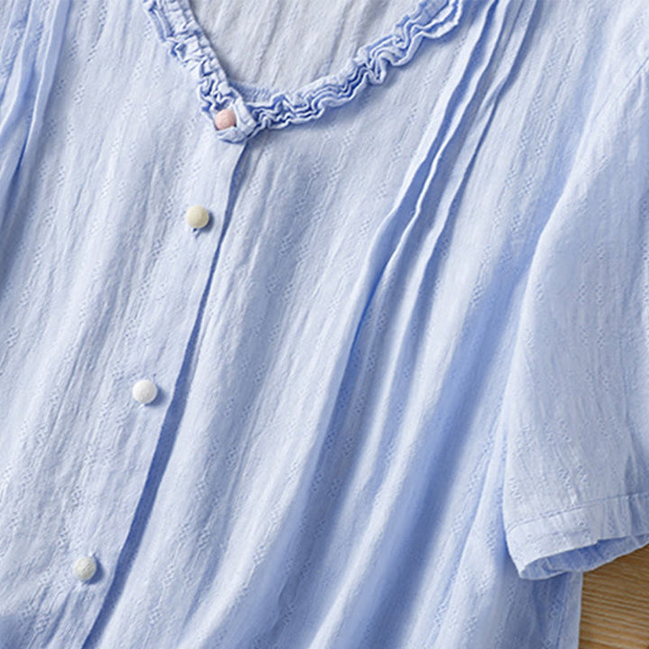 Buddha Stones Jacquard Pleated Ruffled Trim Design V-Neck Short Sleeve Women's Shirt - image 7